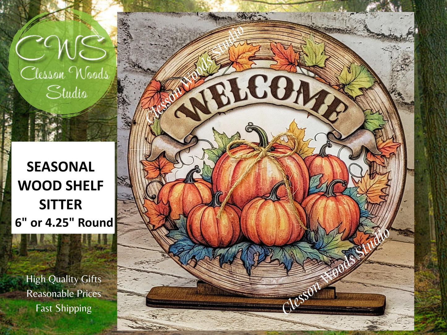 Welcome Fall Pumpkins Round Wood Shelf Sitter 6" or 4.25"