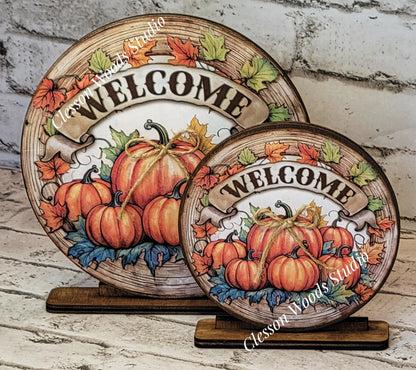 Welcome Fall Pumpkins Round Wood Shelf Sitter 6" or 4.25"
