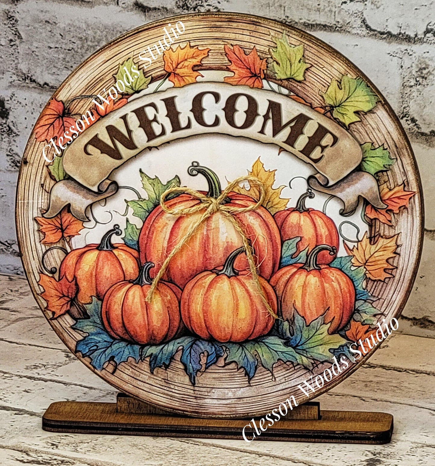 Welcome Fall Pumpkins Round Wood Shelf Sitter 6" or 4.25"