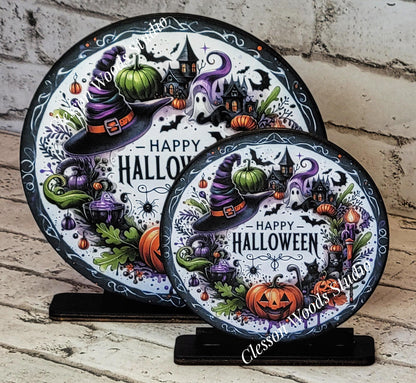Happy Halloween Wreath Seasonal Round Wood Shelf Sitter 6" or 4.25"