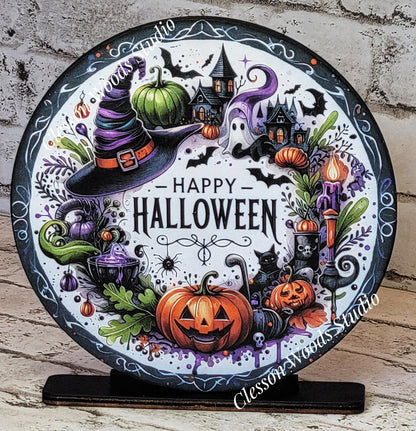 Happy Halloween Wreath Seasonal Round Wood Shelf Sitter 6" or 4.25"
