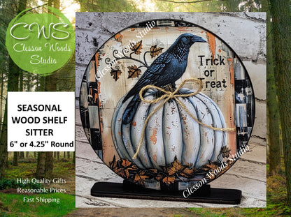 Primitive Halloween Crow White Pumpkin Round Wood Shelf Sitter 6" or 4.25"