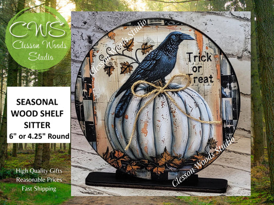 Primitive Halloween Crow White Pumpkin Round Wood Shelf Sitter 6" or 4.25"