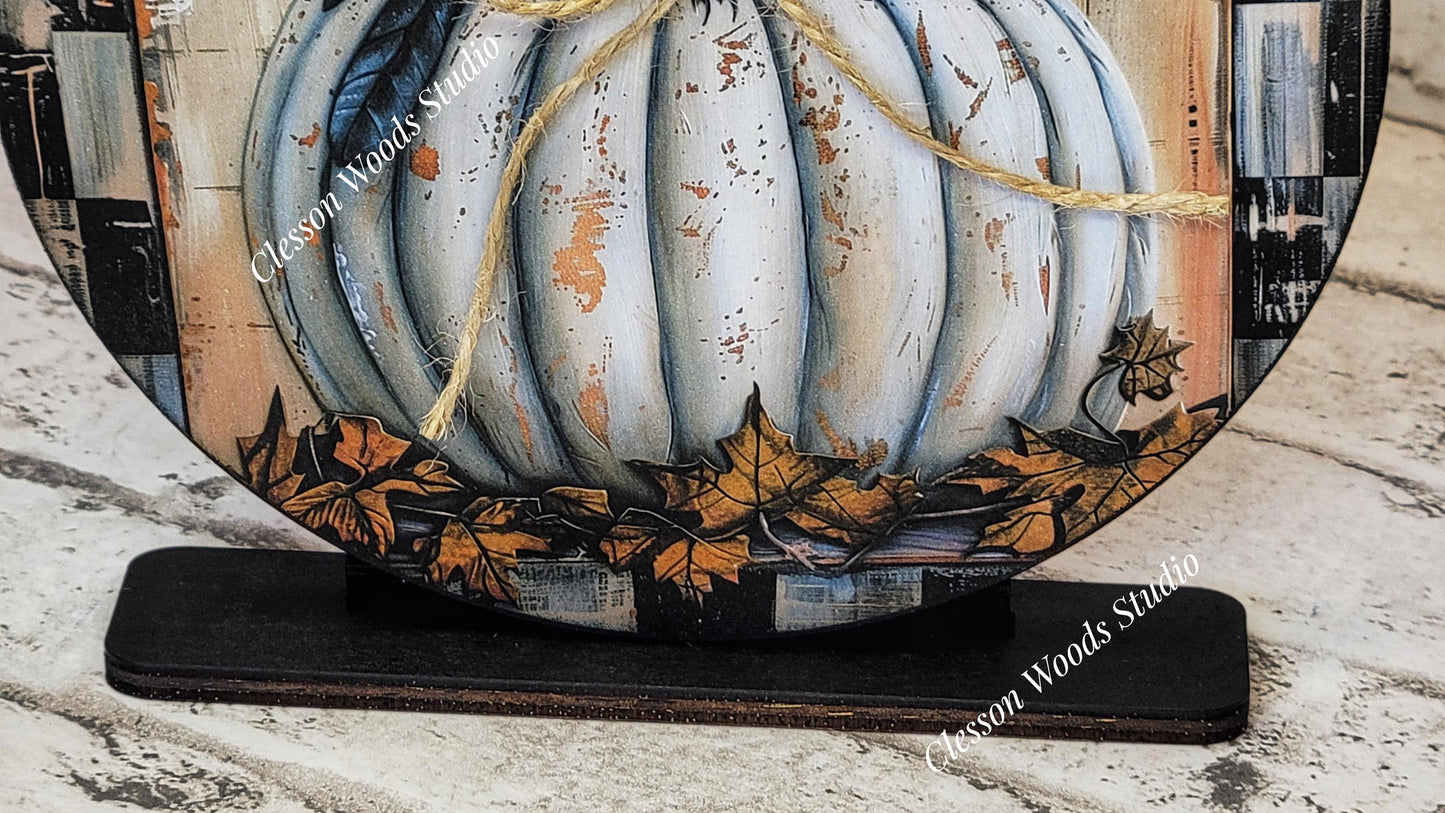 Primitive Halloween Crow White Pumpkin Round Wood Shelf Sitter 6" or 4.25"