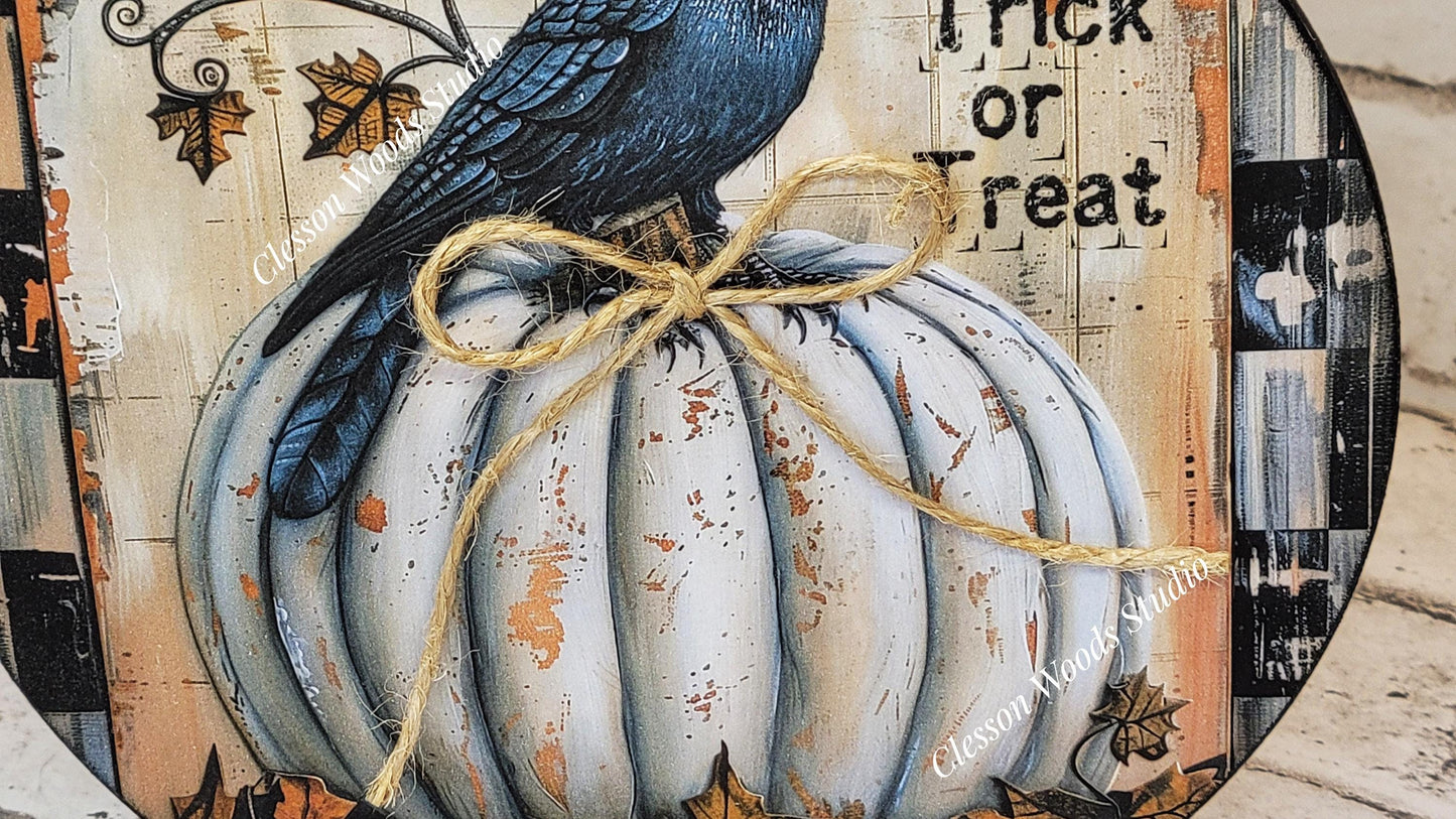 Primitive Halloween Crow White Pumpkin Round Wood Shelf Sitter 6" or 4.25"
