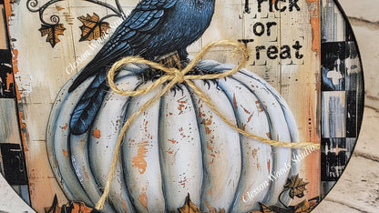 Primitive Halloween Crow White Pumpkin Round Wood Shelf Sitter 6" or 4.25"