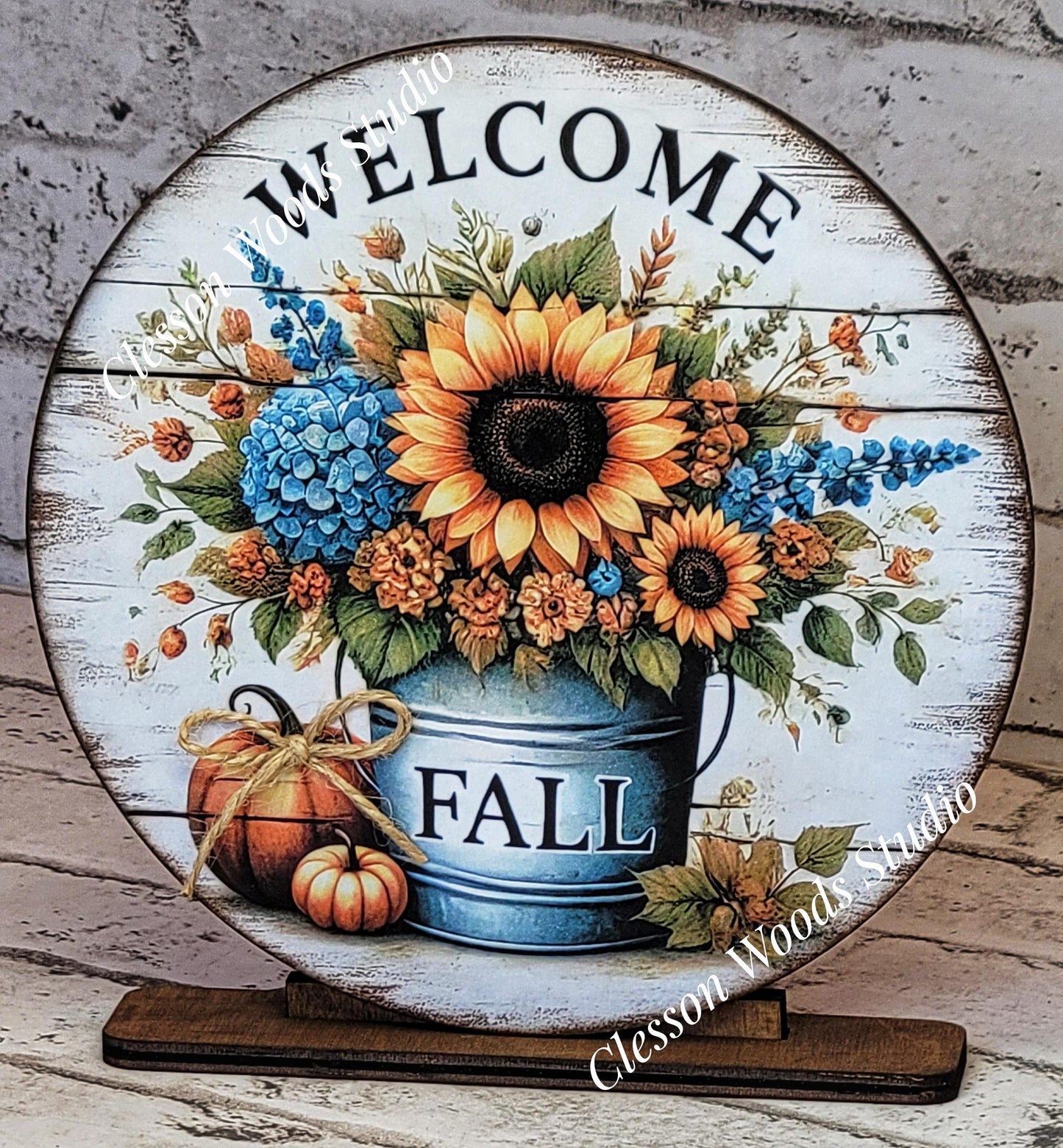 Welcome Fall Sunflowers Metal Bucket Seasonal Round Wood Shelf Sitter 6" or 4.25"