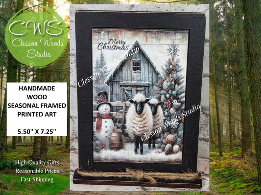 Primitive Snowman Sheep Merry Christmas Framed Art with Attached Stand