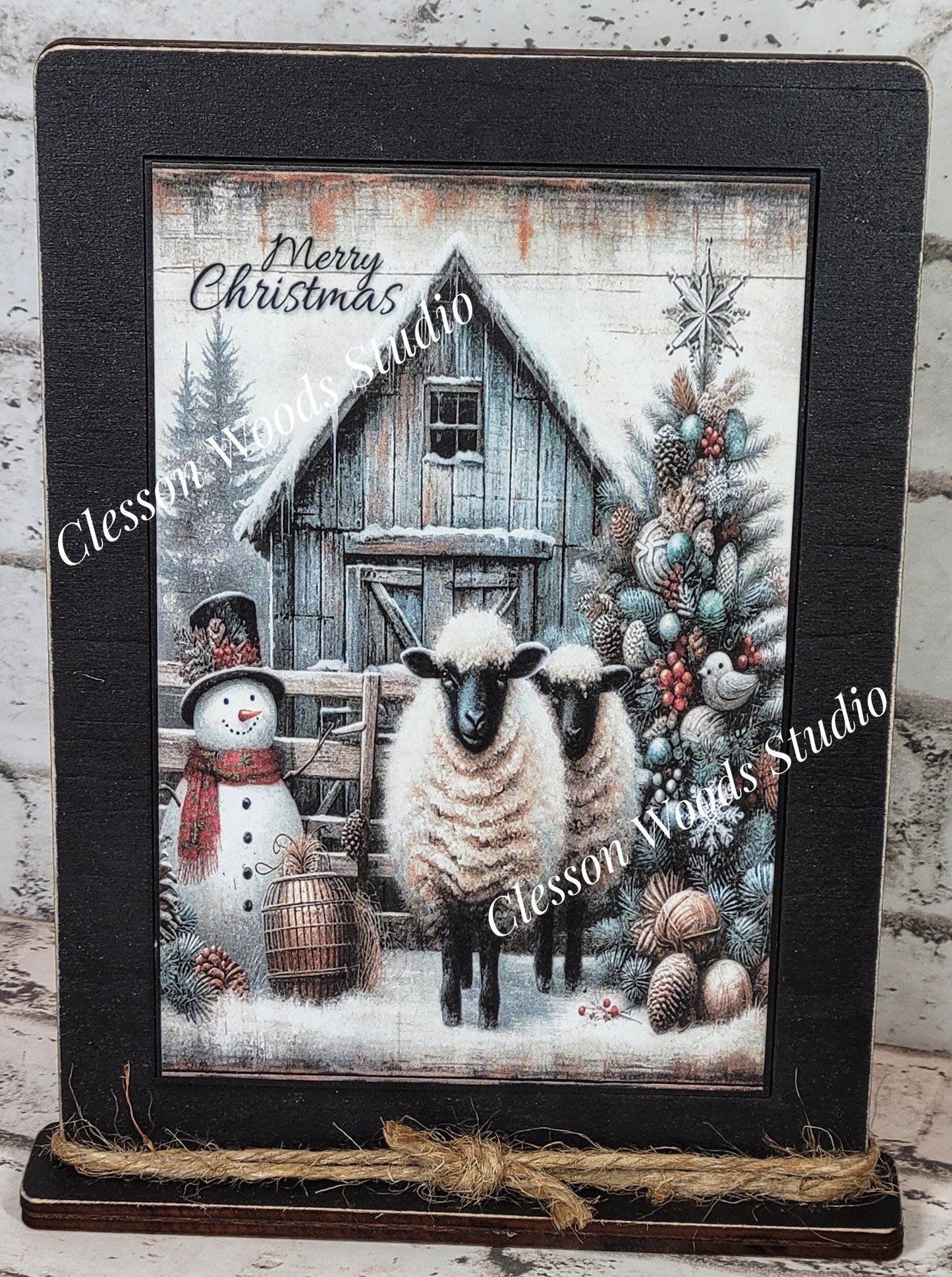 Primitive Snowman Sheep Merry Christmas Framed Art with Attached Stand