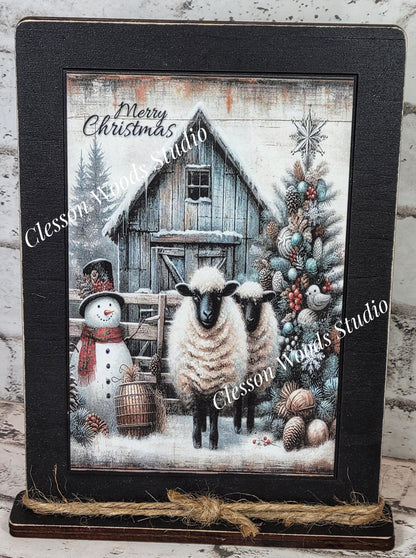 Primitive Snowman Sheep Merry Christmas Framed Art with Attached Stand