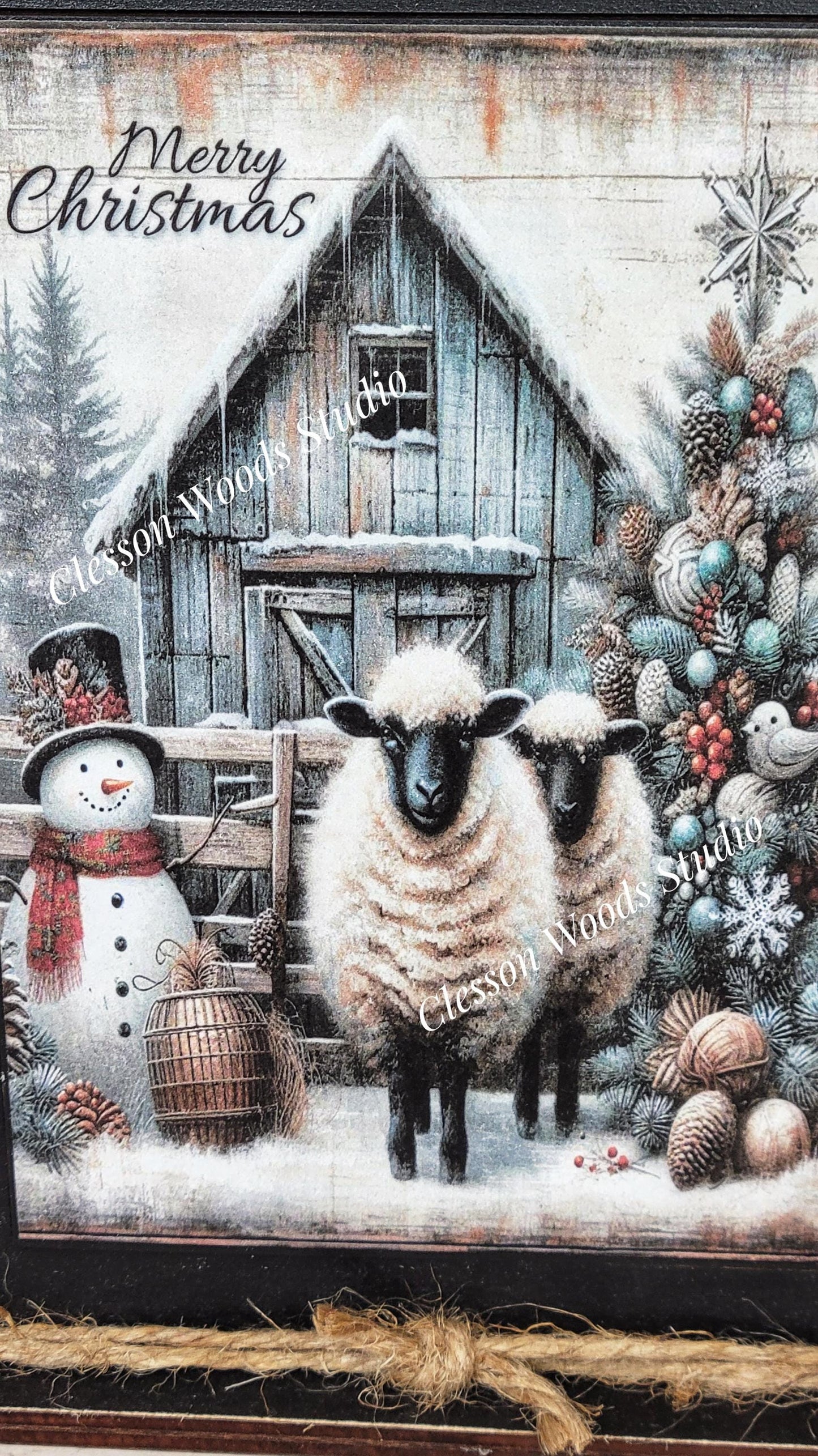 Primitive Snowman Sheep Merry Christmas Framed Art with Attached Stand