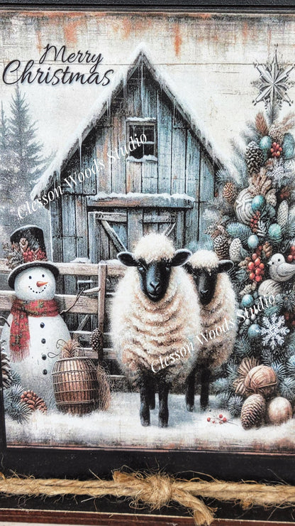 Primitive Snowman Sheep Merry Christmas Framed Art with Attached Stand