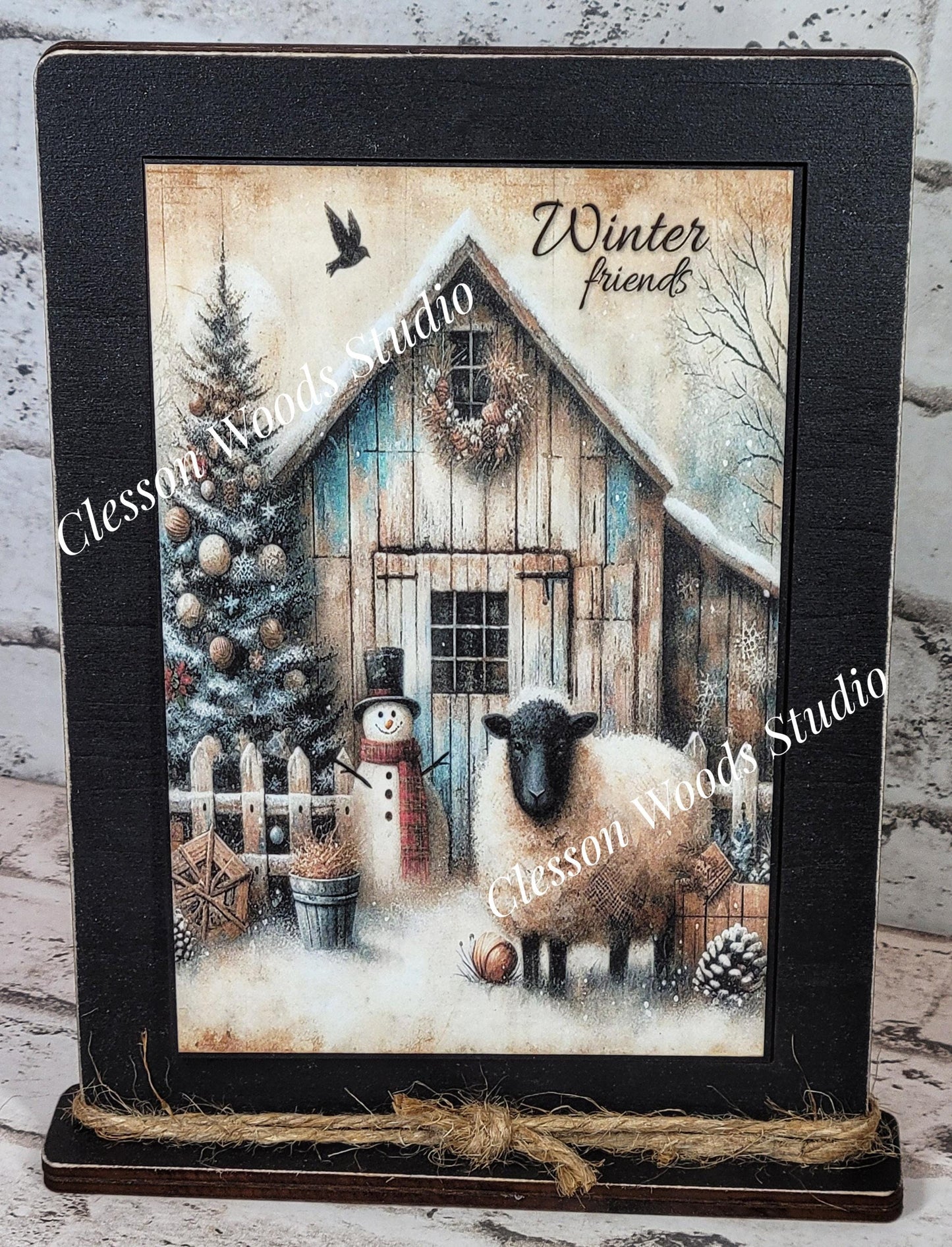 Primitive Snowman Sheep Winter Friends Framed Art with Attached Stand