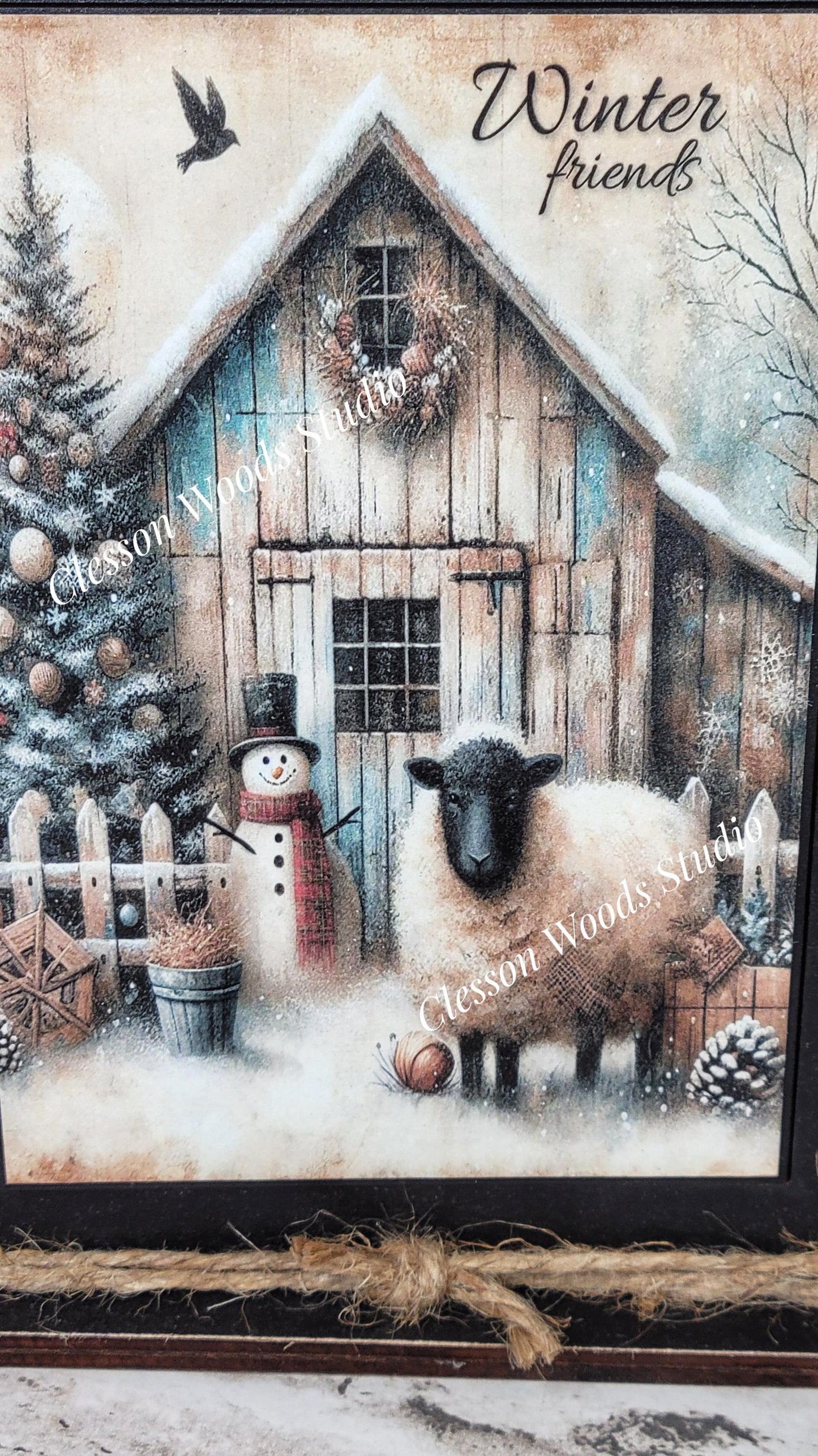 Primitive Snowman Sheep Winter Friends Framed Art with Attached Stand