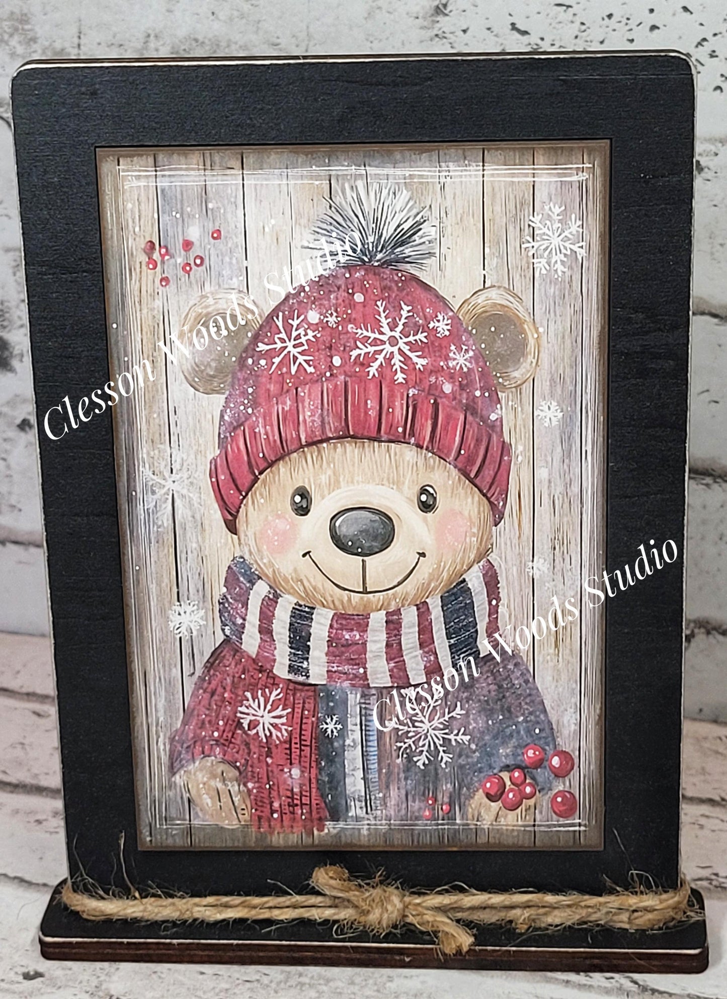Rustic Christmas Winter Bear Framed Art with Attached Stand