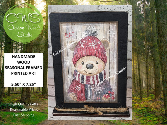 Rustic Christmas Winter Bear Framed Art with Attached Stand