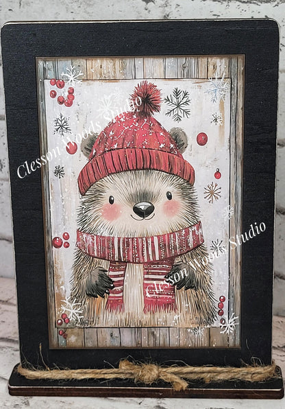 Rustic Christmas Winter Animal Framed Art with Attached Stand