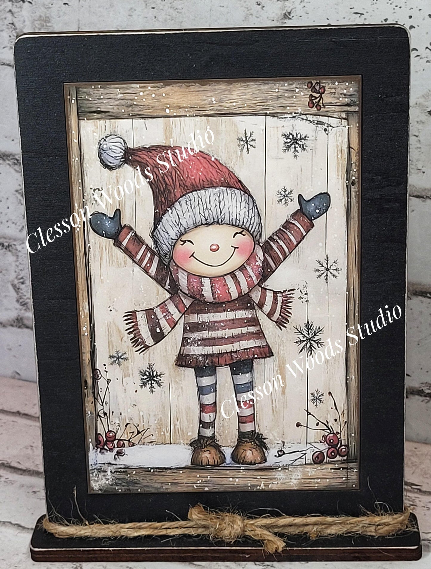 Rustic Christmas Winter Girl Framed Art with Attached Stand