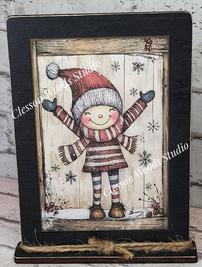 Rustic Christmas Winter Girl Framed Art with Attached Stand