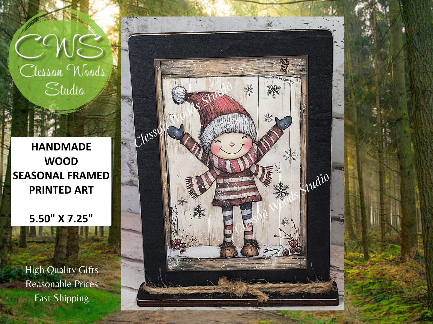 Rustic Christmas Winter Girl Framed Art with Attached Stand
