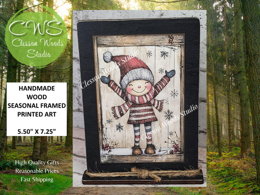 Rustic Christmas Winter Girl Framed Art with Attached Stand