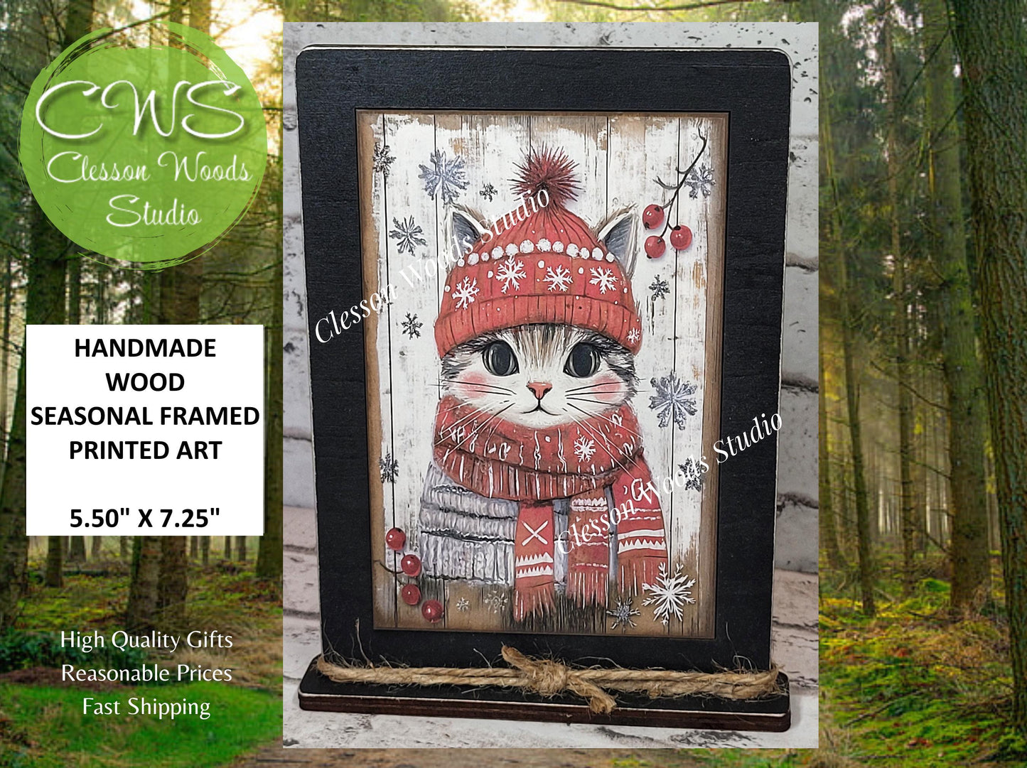 Rustic Christmas Winter Cat Framed Art with Attached Stand