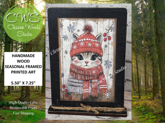 Rustic Christmas Winter Cat Framed Art with Attached Stand