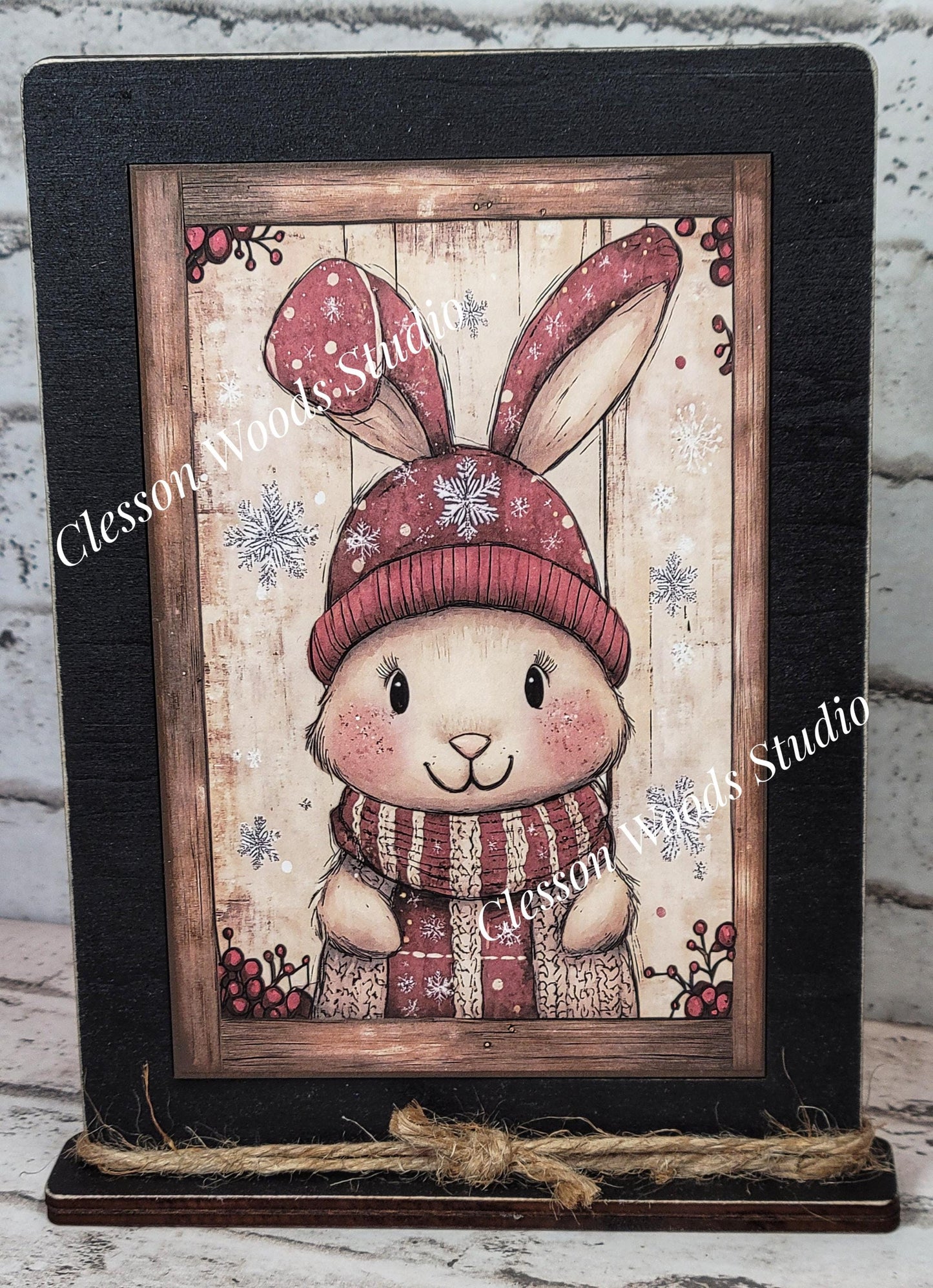 Rustic Christmas Winter Rabbit Framed Art with Attached Stand