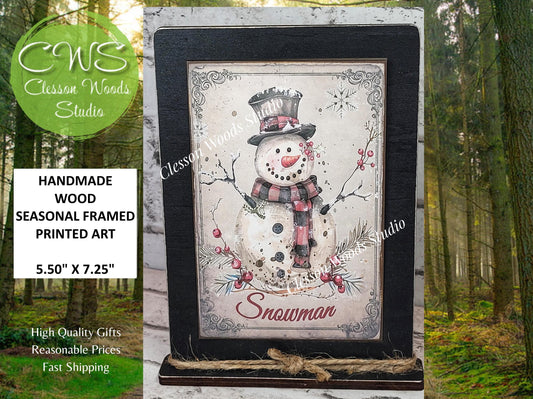 Rustic Winter Snowman 1 Framed Art with Attached Stand
