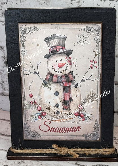 Rustic Winter Snowman 1 Framed Art with Attached Stand