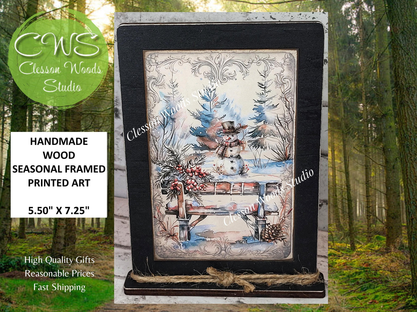 Rustic Winter Snowman 2 Framed Art with Attached Stand