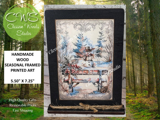 Rustic Winter Snowman 2 Framed Art with Attached Stand