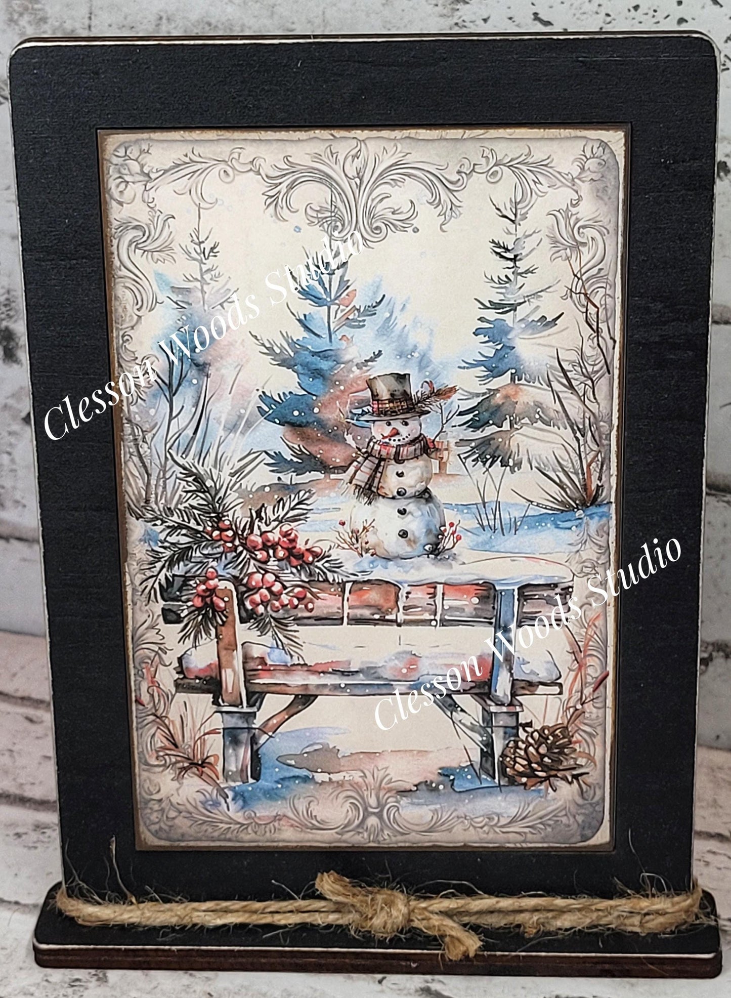 Rustic Winter Snowman 2 Framed Art with Attached Stand