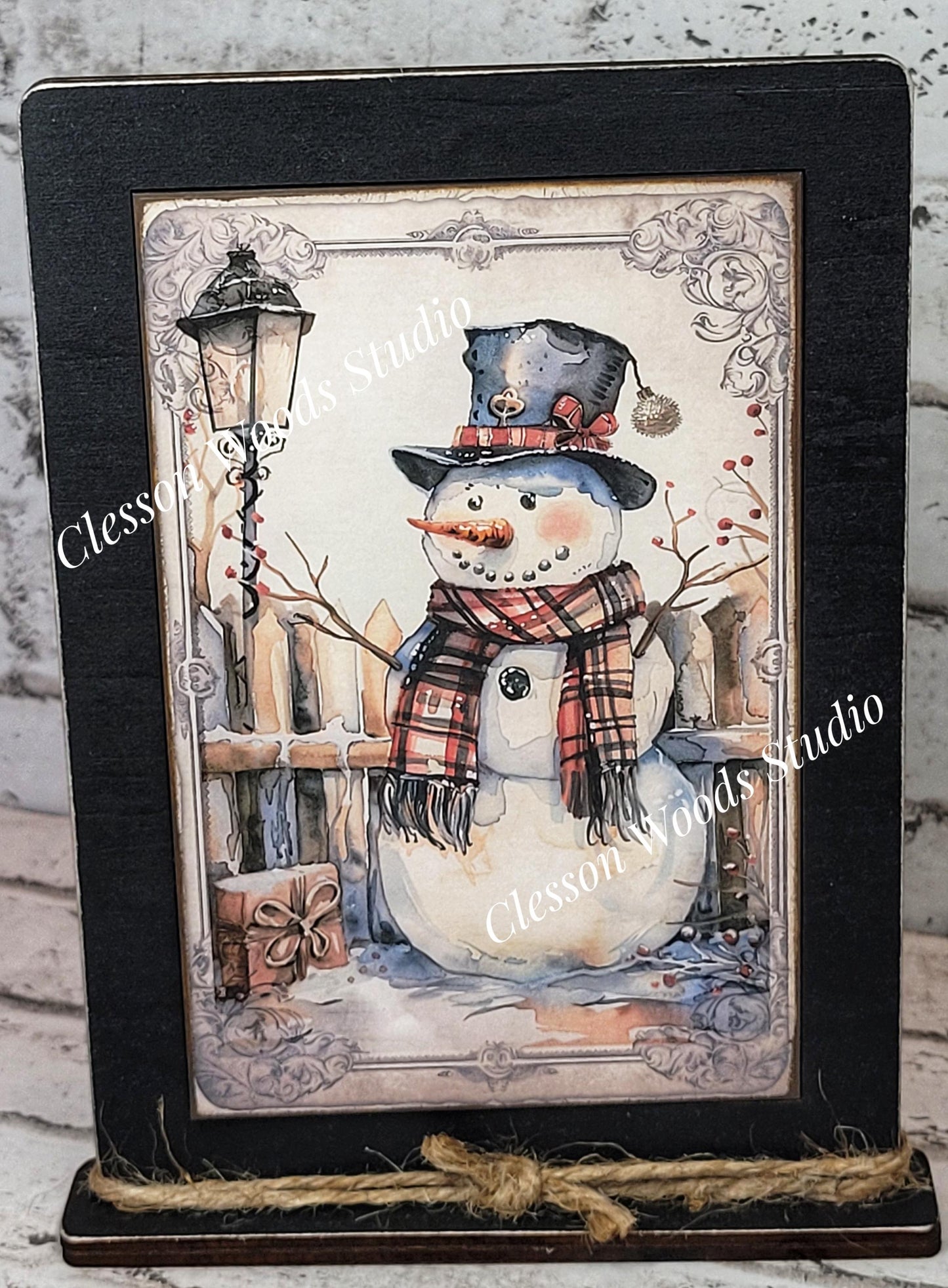 Rustic Winter Snowman 3 Framed Art with Attached Stand