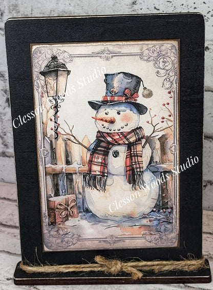 Rustic Winter Snowman 3 Framed Art with Attached Stand