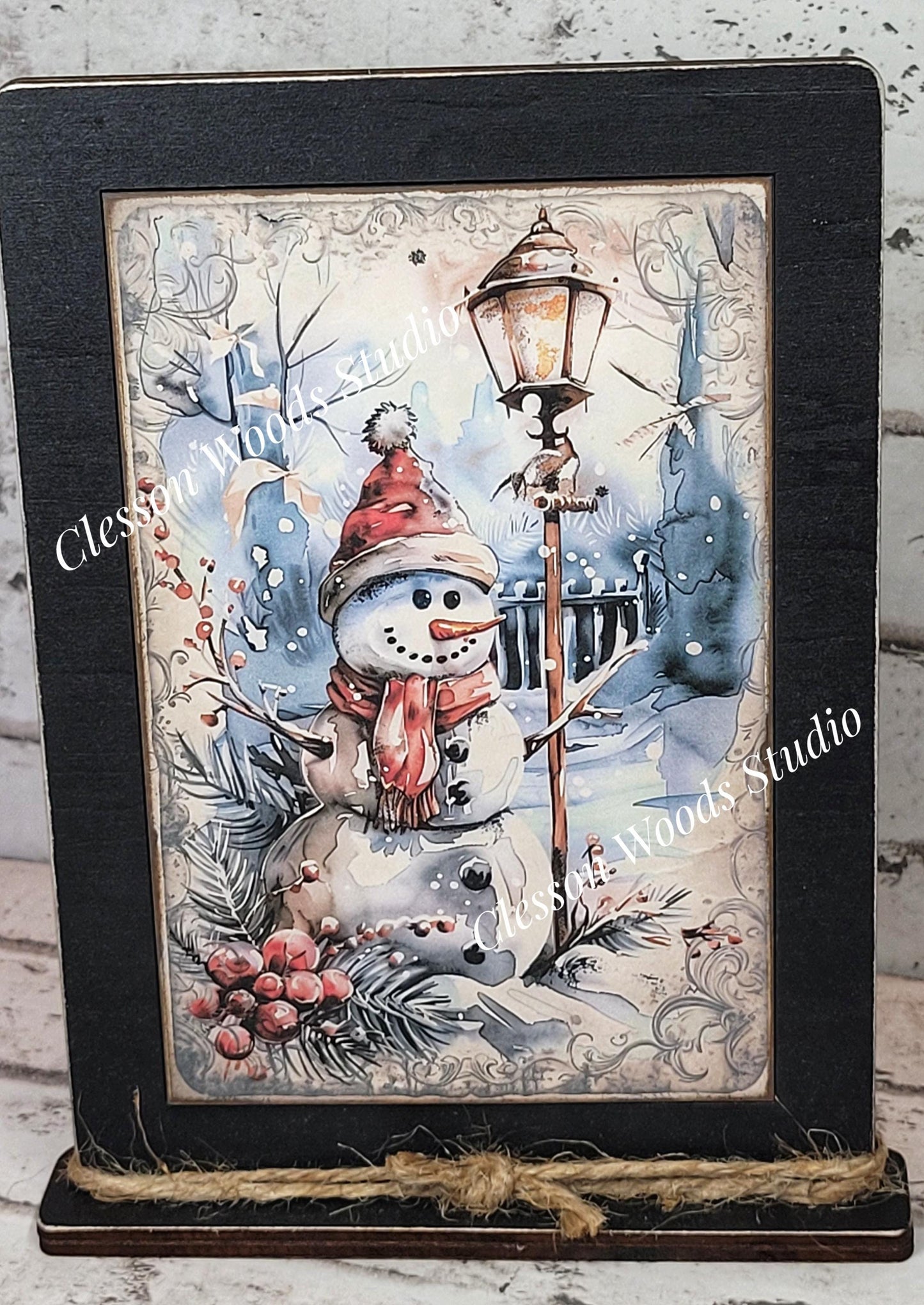 Rustic Winter Snowman 4 Framed Art with Attached Stand