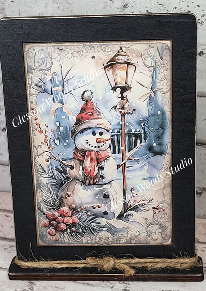 Rustic Winter Snowman 4 Framed Art with Attached Stand