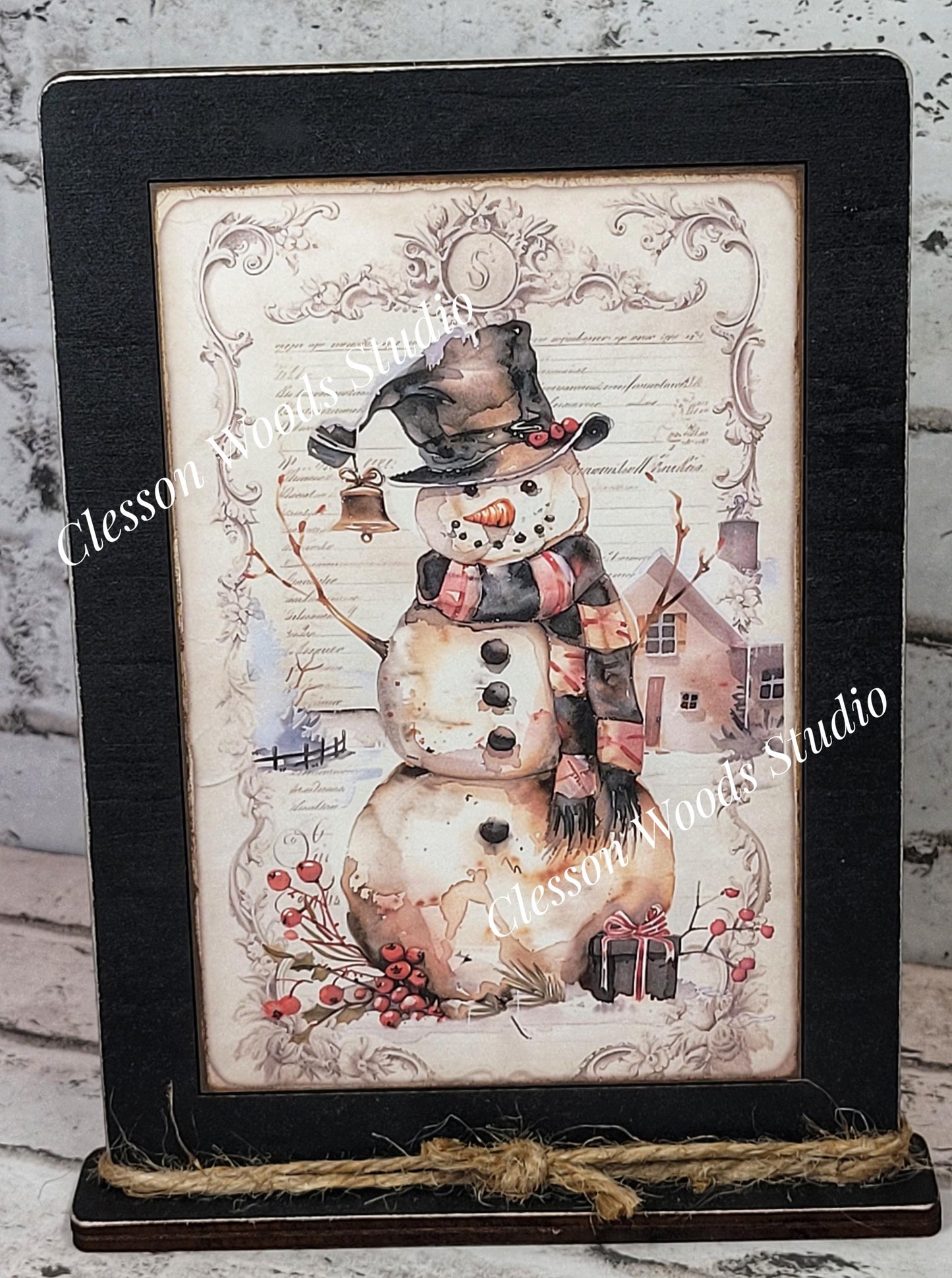 Rustic Winter Snowman 5 Framed Art with Attached Stand