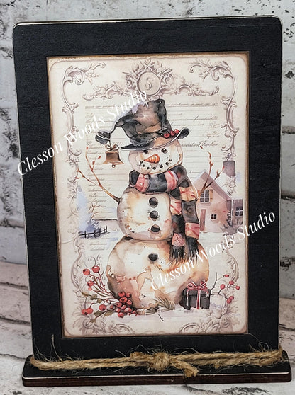 Rustic Winter Snowman 5 Framed Art with Attached Stand