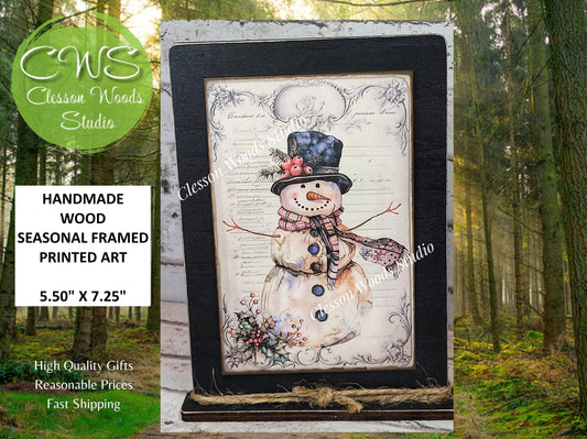 Rustic Winter Snowman 6 Framed Art with Attached Stand