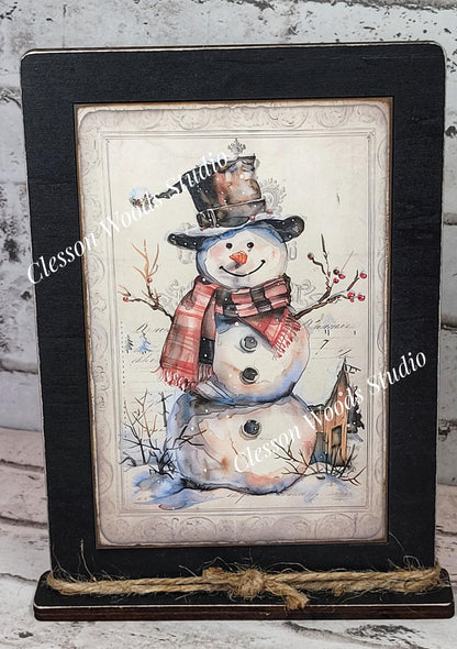 Rustic Winter Snowman 7 Framed Art with Attached Stand