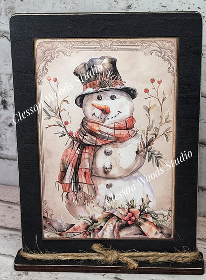 Rustic Winter Snowman 8 Framed Art with Attached Stand