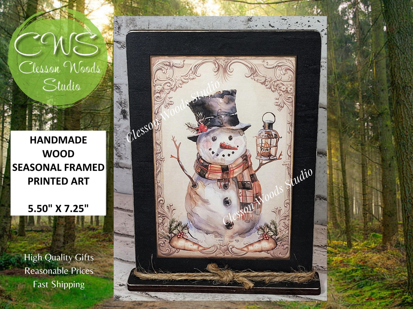 Rustic Winter Snowman 9 Framed Art with Attached Stand