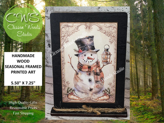 Rustic Winter Snowman 9 Framed Art with Attached Stand