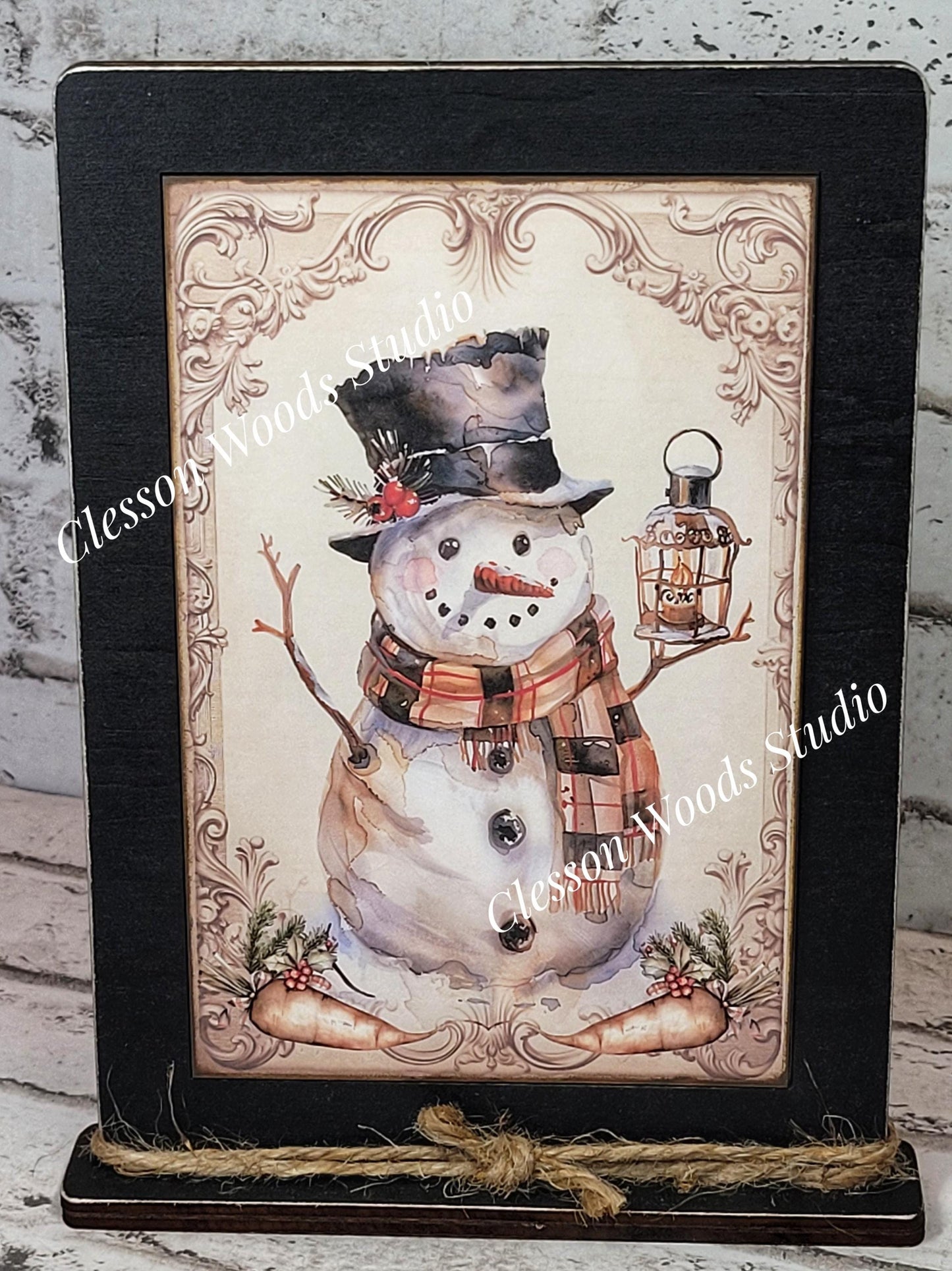 Rustic Winter Snowman 9 Framed Art with Attached Stand