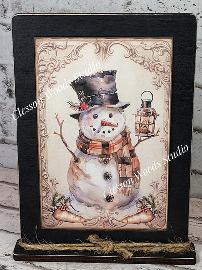 Rustic Winter Snowman 9 Framed Art with Attached Stand
