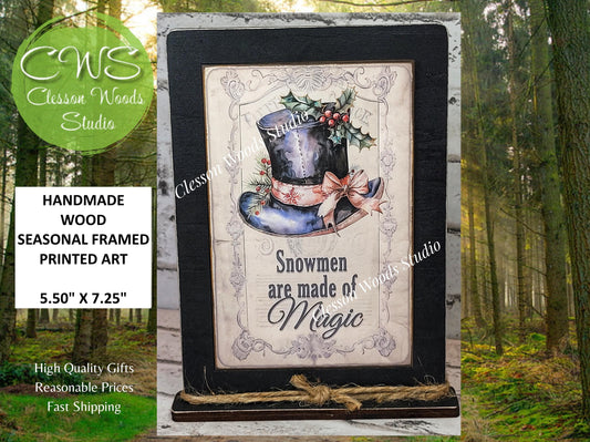 Rustic Winter Snowmen Are Made of Magic Framed Art with Attached Stand
