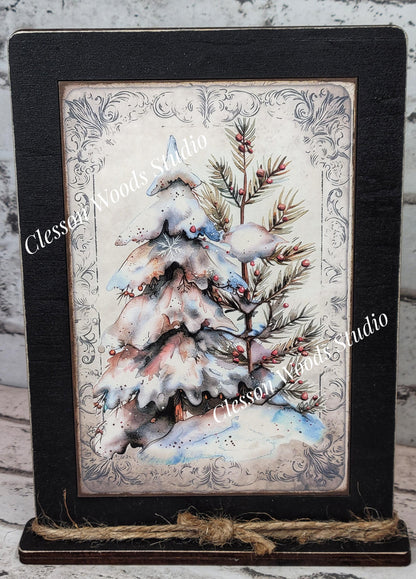 Rustic Winter Tree Framed Art with Attached Stand