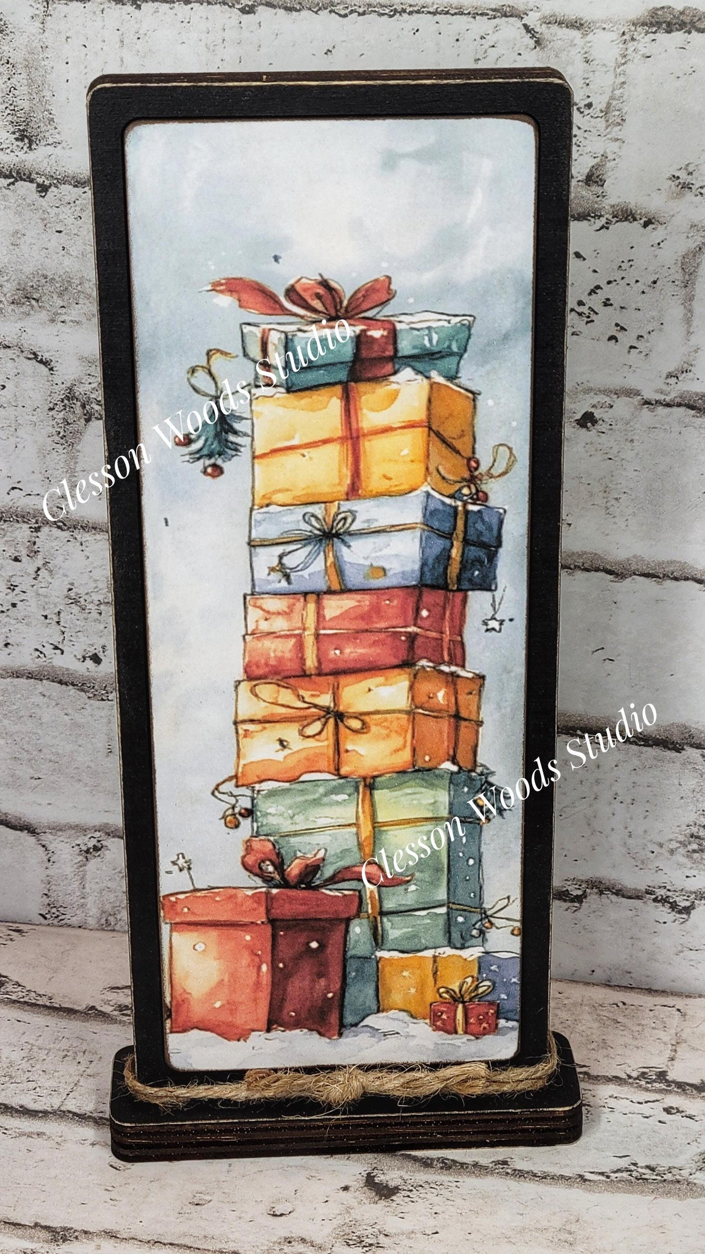 Whimsical Christmas Gift Stack Vertical Standing Wood Sign