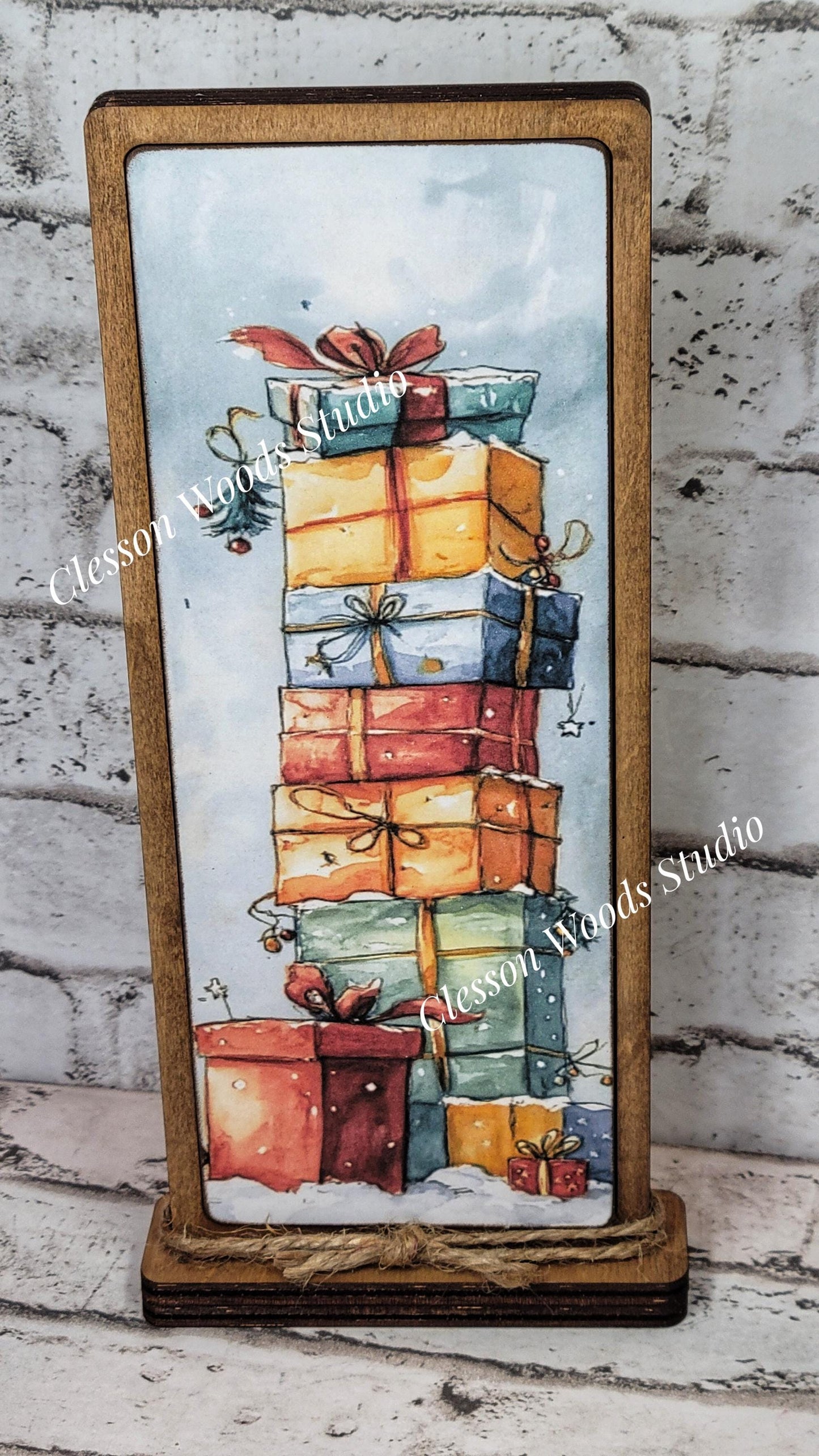 Whimsical Christmas Gift Stack Vertical Standing Wood Sign